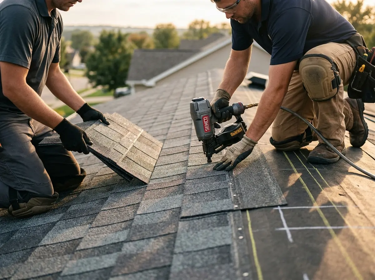 Professional roofer working on a residential roof in Marysville